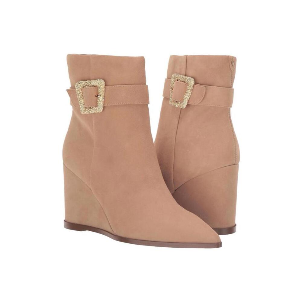 Sam Edelman Weslie Wedge Ankle Boots Womans 8.5 Beige Suede Gold Buckle Bootie
